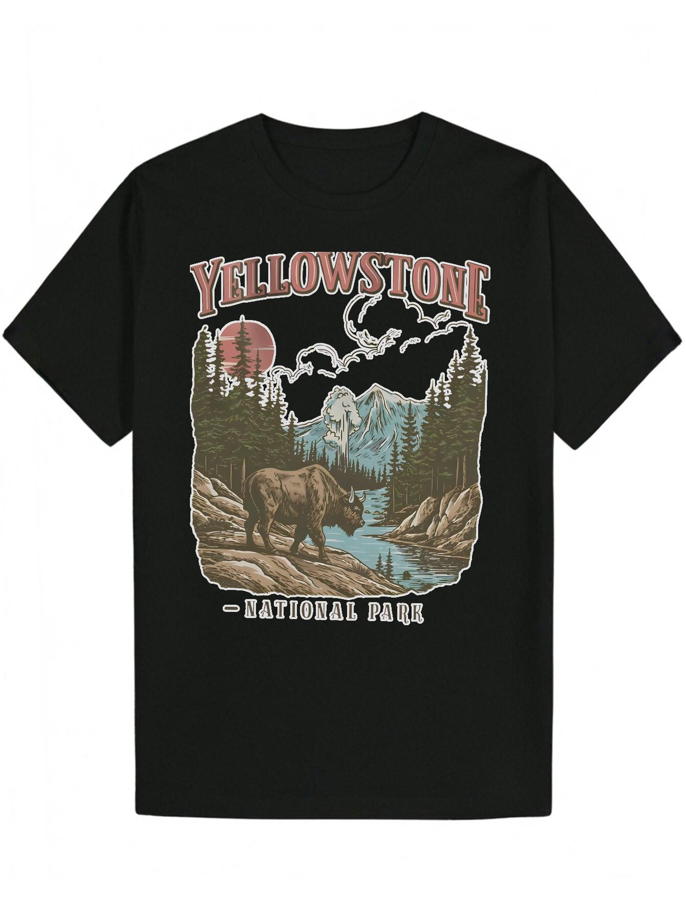 Yellowstone National Park Graphic T-shirt - Black Casual Polyester Tee with Bison S