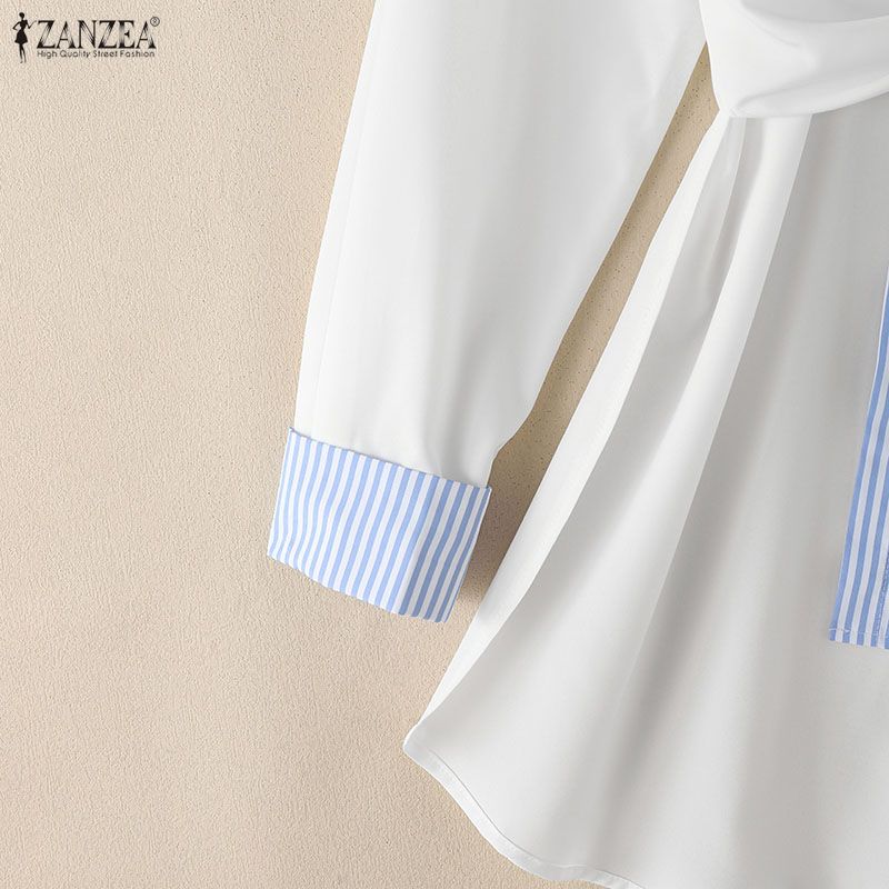 ZANZEA Women Casual Turn Down Collar Stripe Splice Loose Long Sleeve Blouse