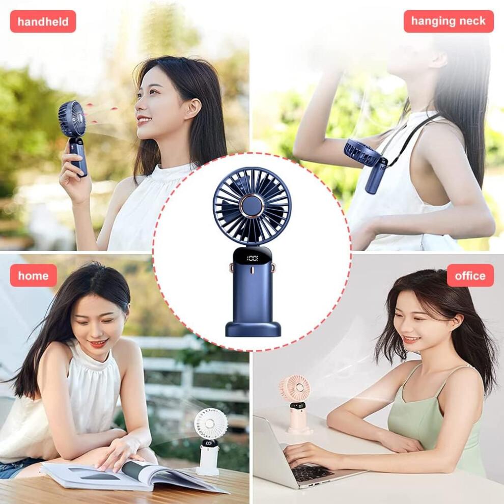 (blue) Portable Handheld Fan,Hanging Neck Fan 90° Adjustable USB Rechargeable 4000mAh Quiet Personal Fan with 5 Speeds