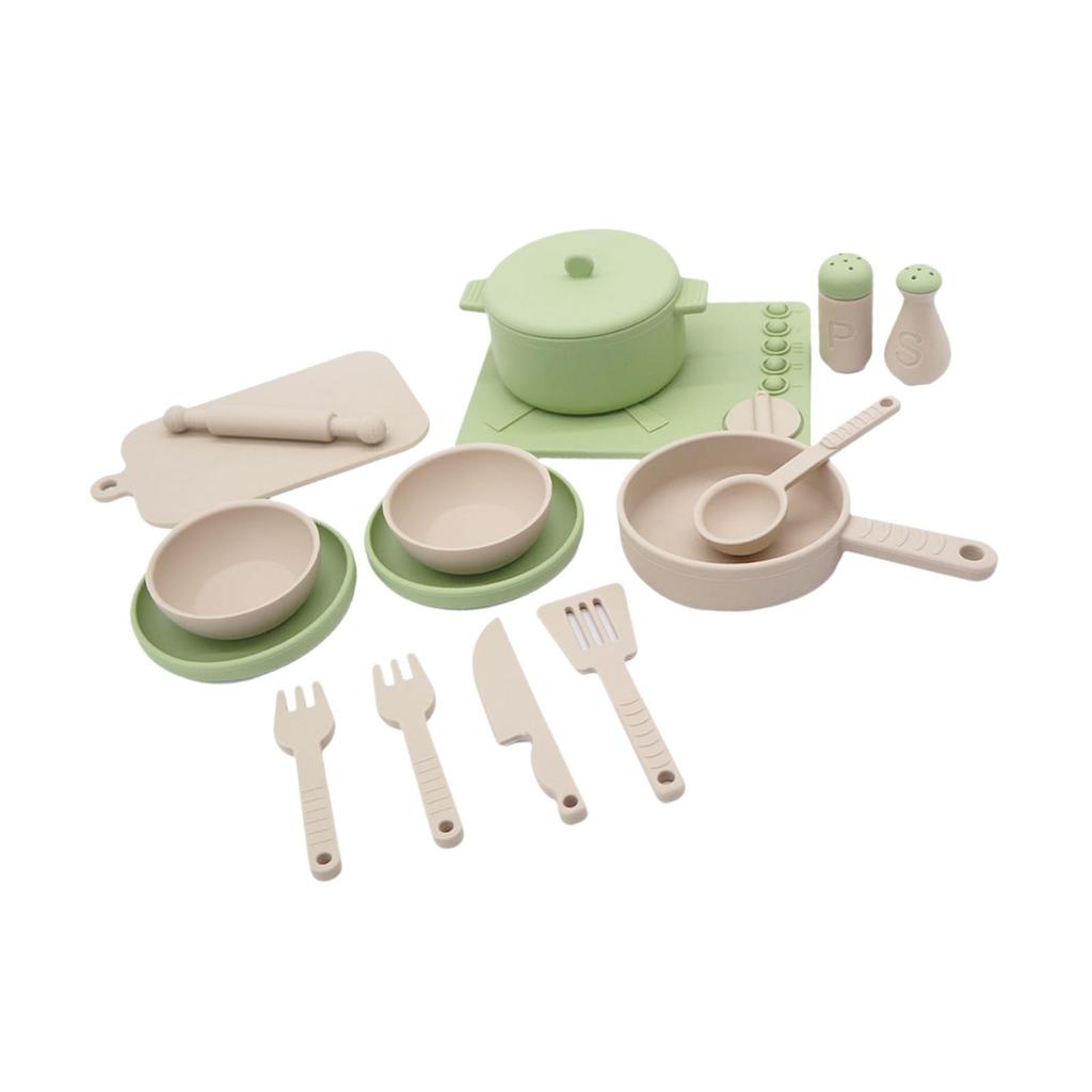 14 Pieces Kitchen Toys Children Cooking Toys Pot and Pan Silicone Playset Children Kitchen Accessories for Kids Boys Girls