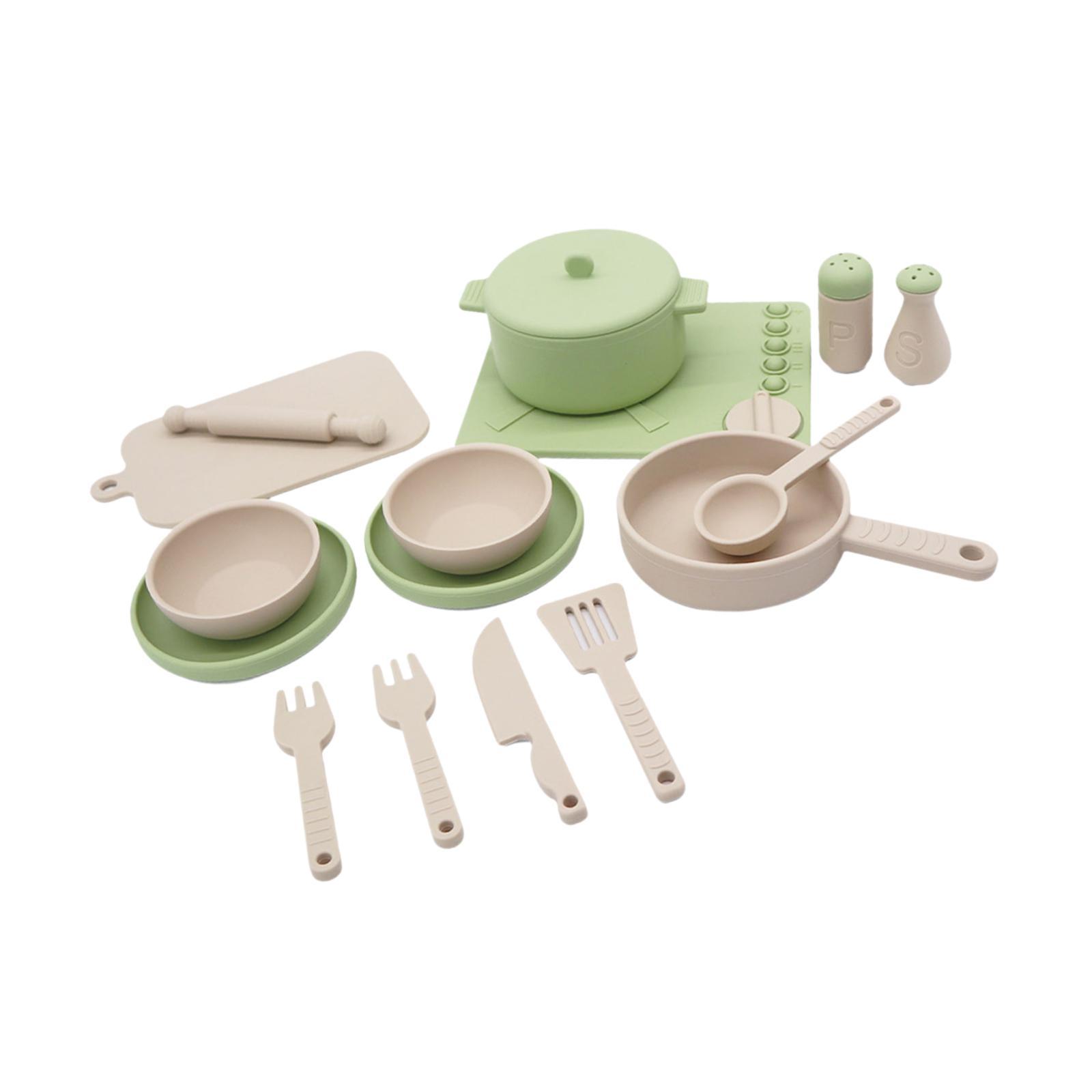 14 Pieces Kitchen Toys Children Cooking Toys Pot and Pan Silicone Playset Children Kitchen Accessories for Kids Boys Girls