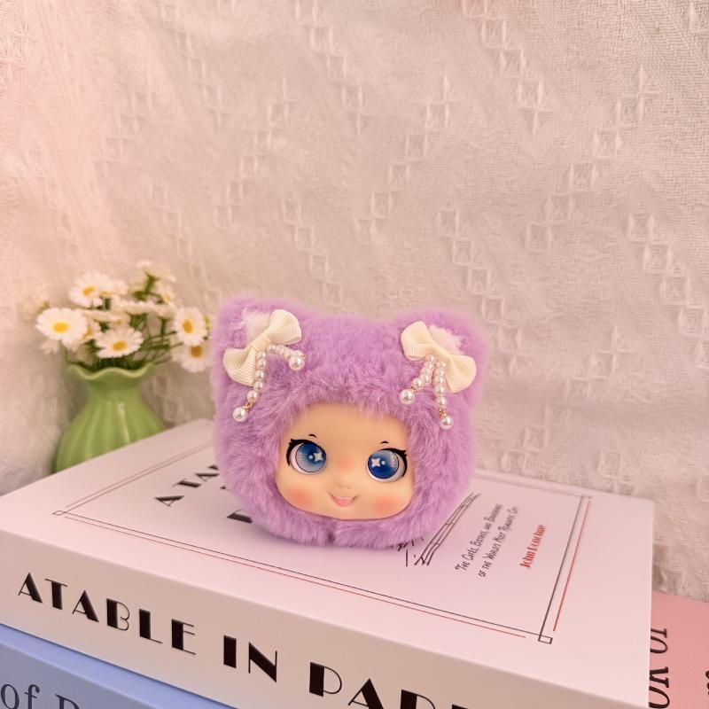 Cute Fluffy Plush Doll Pendant with Elegant Pearl Bow Cartoon Face Soft Ornament for Backpack Holiday Gift