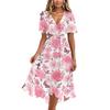 Womens Casual V Neck Short Sleeve Floral Print Midi Dress Vintage Style Lightweight Soft Fabric Flowing Skirt for Daily Wear