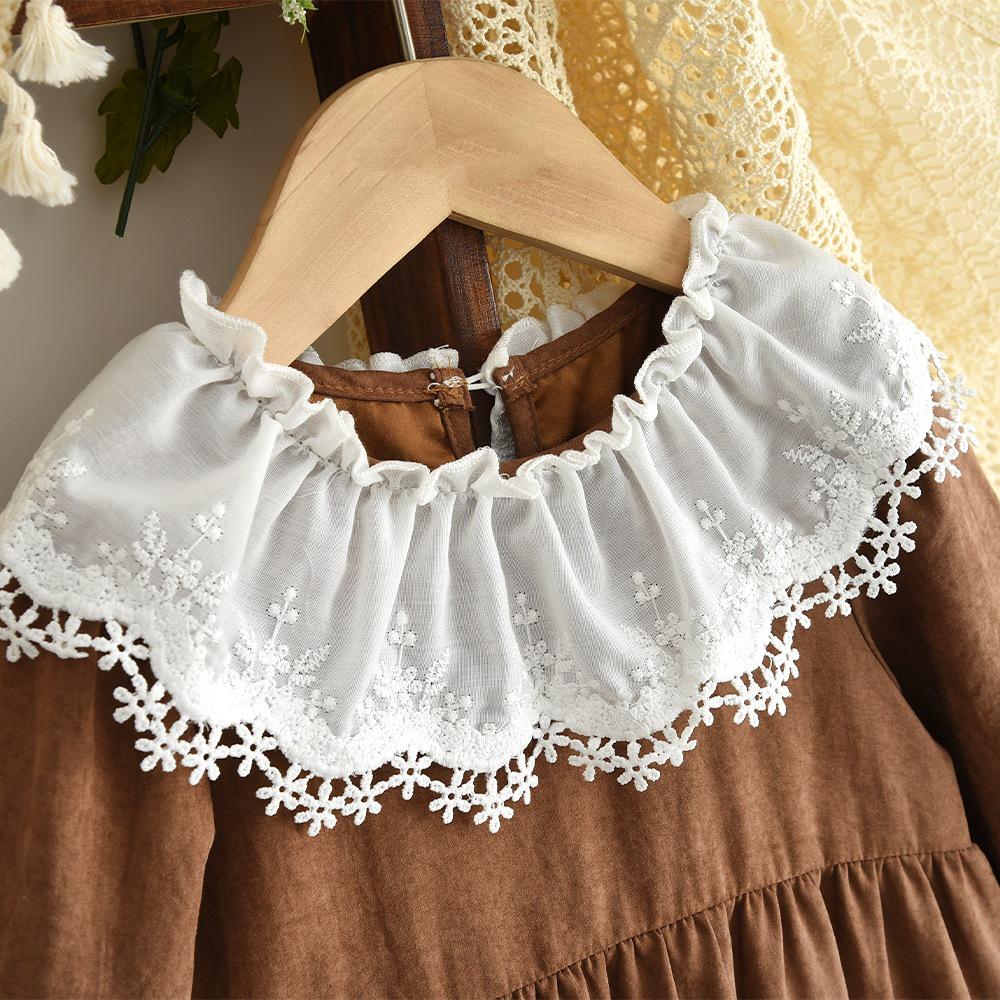 2025 Spring & Autumn Girls' French Court Embroidery Dress - Baby Girl Lapel Lace Long Sleeve Princess Dress