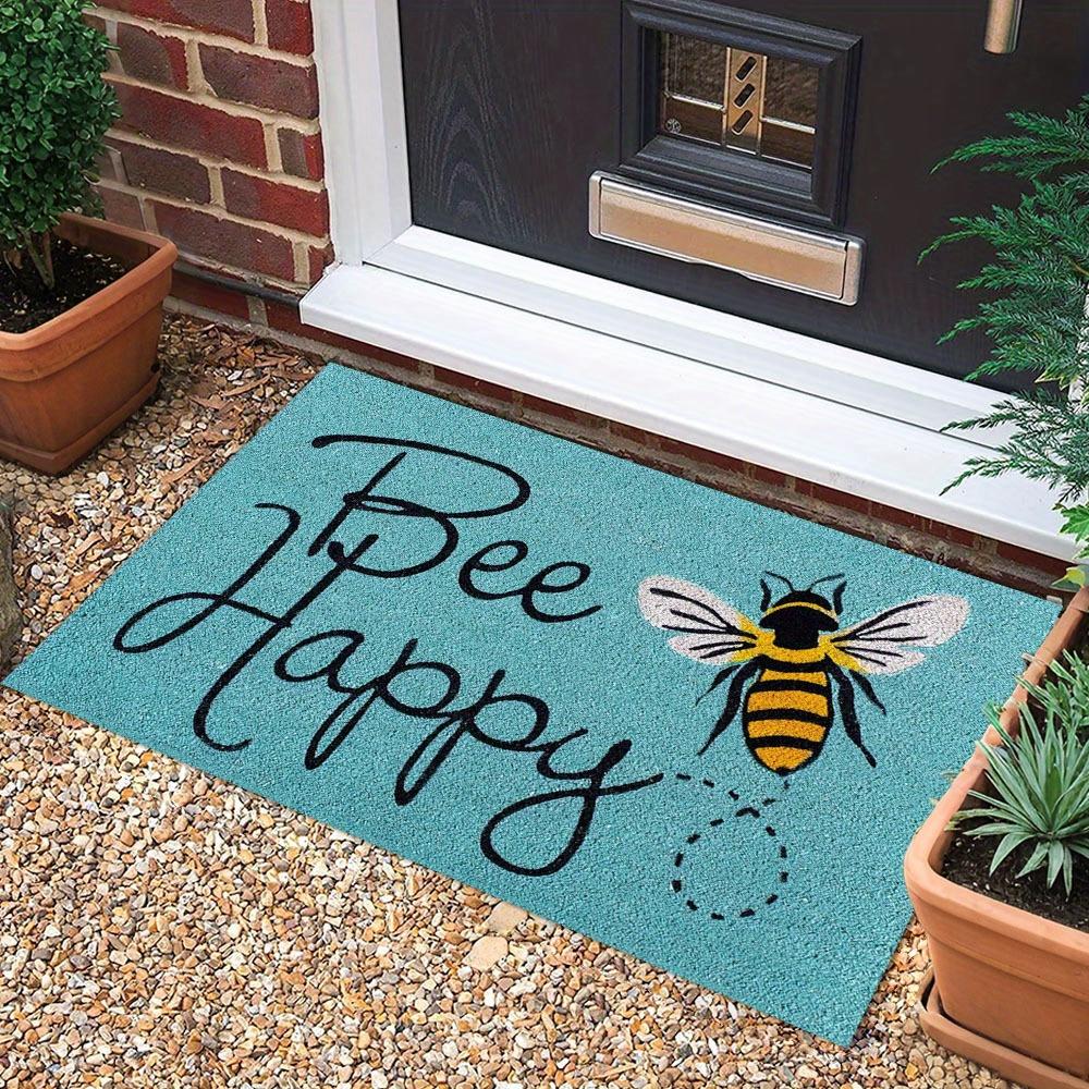 "Bee Happy" Funny Greeting Welcome Doormat, Non Slip Floor Mat for Entryway Living Room and Kitchen, Indoor Outdoor Home Decor