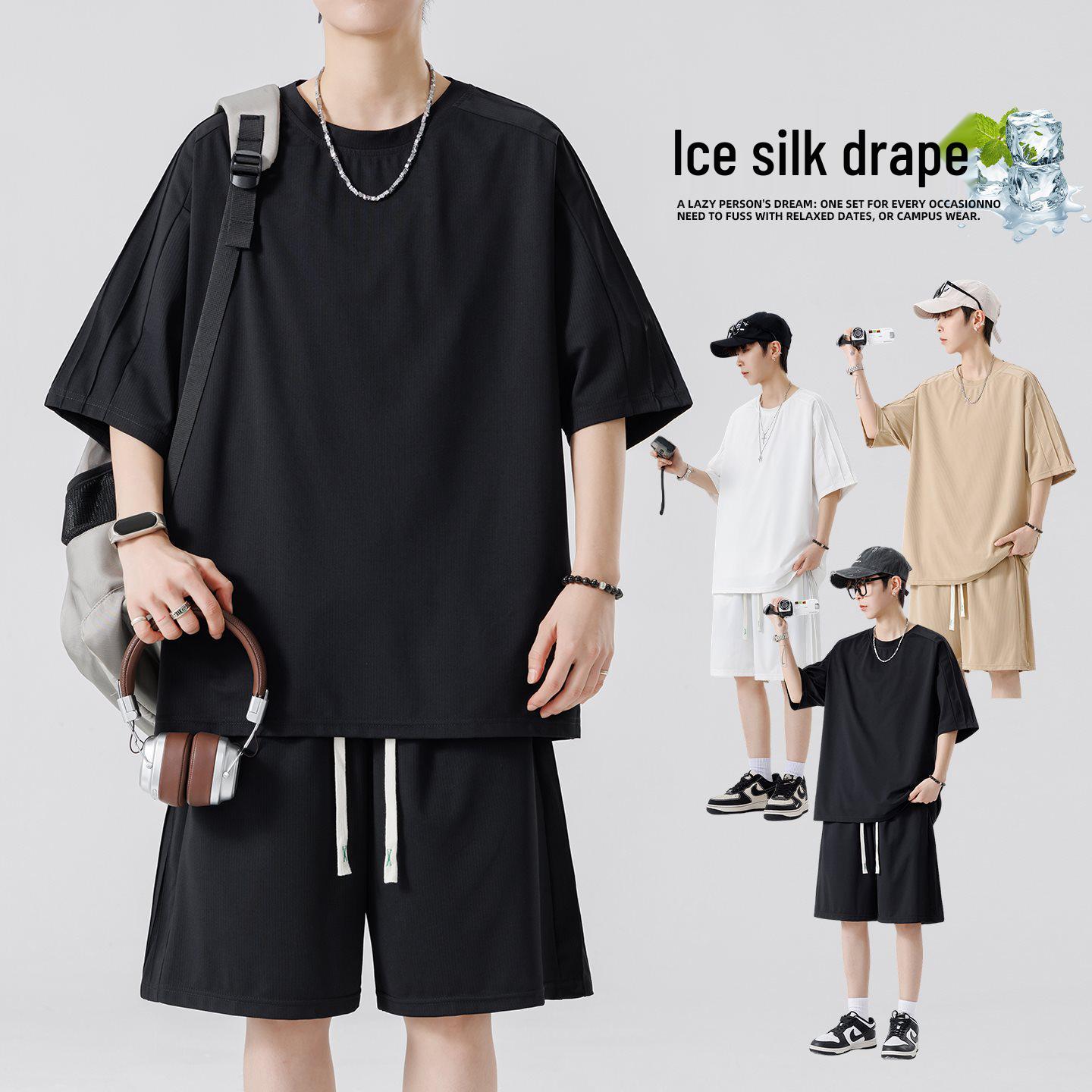 

2026 Spring/Summer Men s Ice Silk Two-Piece Set: Short Sleeve T-Shirt & Shorts L