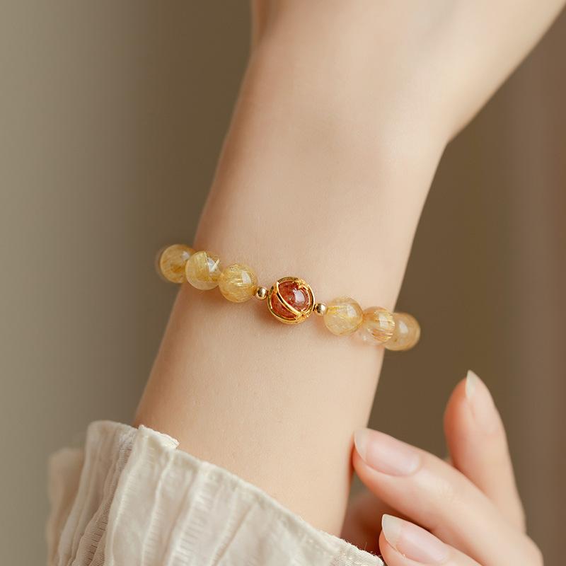Citrine Natural Golden Rutilated Quartz Beaded Bracelet for Women, Alloy Jewelry