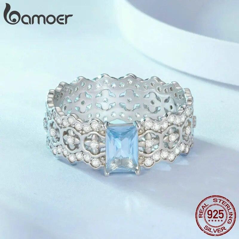 BAMOER 925 Sterling Silver Dainty CZ Lace Ring Platinum Filled Chunky Simple Intricate Texture Elegant Band