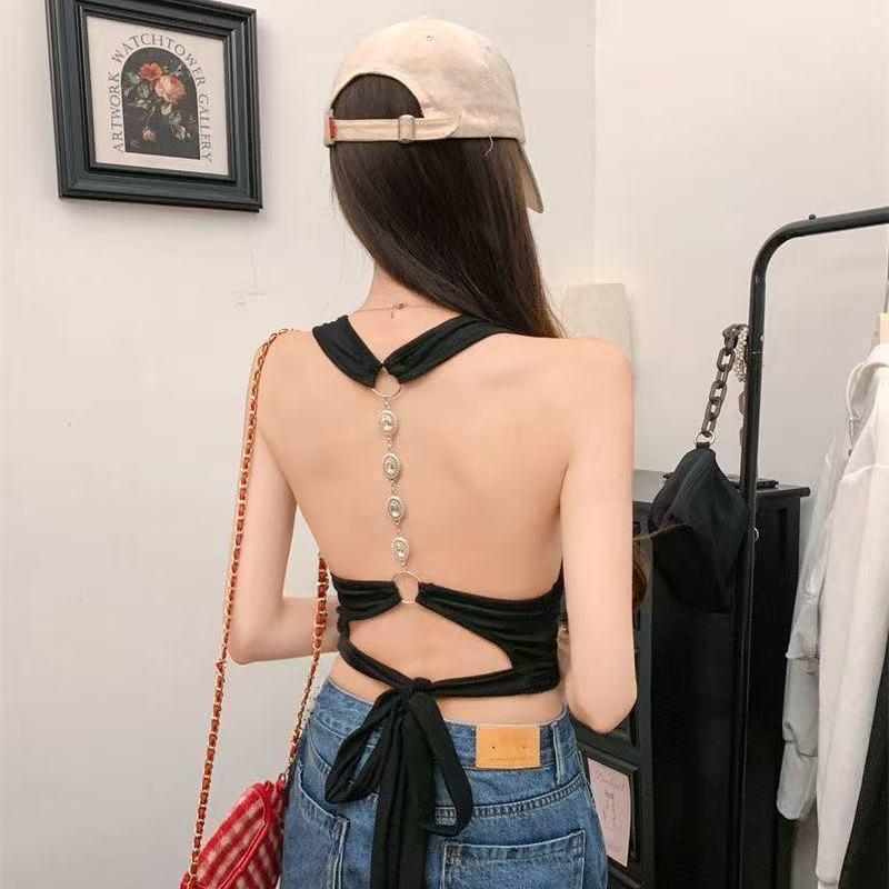 Spicy Girl Black Chain Halter Neck Open Back Vest S (37-48 kg)
