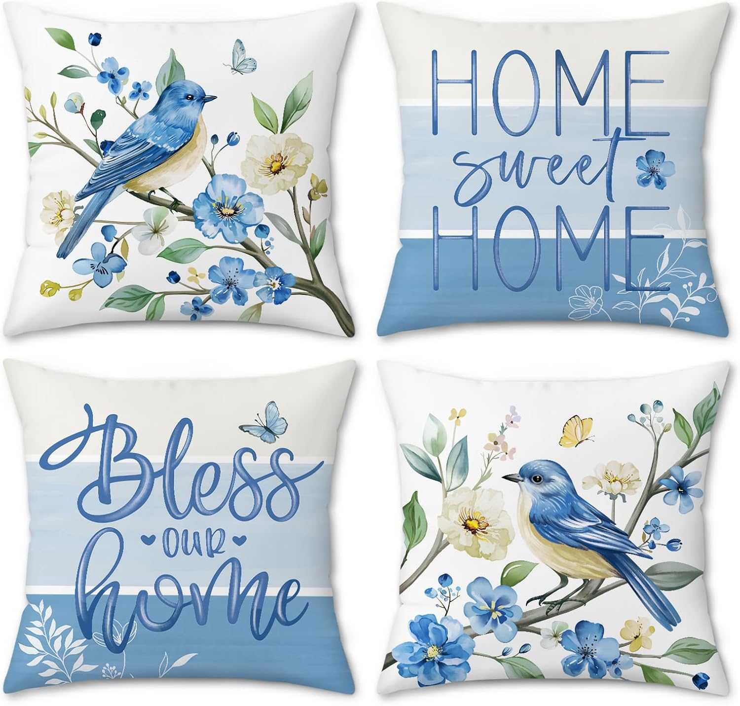 4pcs Blue Bird Flower Home Sweet Home Bless Our Home Printed Pillow Cover Polyester Cushion Case 2D Flat Printing Pillowcase Now 4PCS