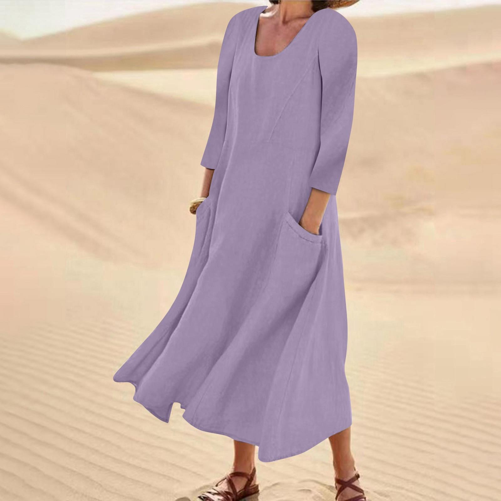 

Women s Fashion Casual Colour 3/4 Sleeve Cotton Linen Pocket Dress M фиолетовый