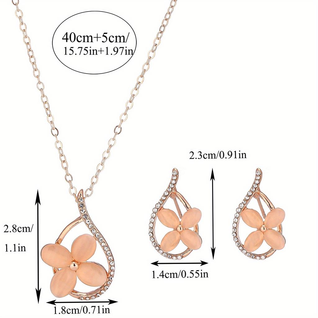 Women's Creative Rhinestone Clover-Shaped Earrings, Pendant Necklace Jewelry Set, Four-Petal Flower Imitation Cat's Eye Stone Birthday Holiday Gift
