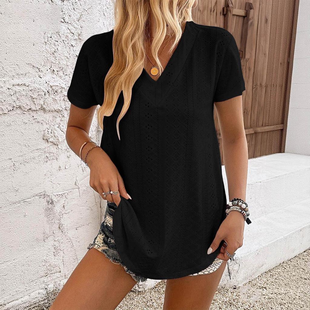 Short Sleeve Blouses for Women V Neck Eyelet Knit Women's Short Sleeve Tops Casual Loose Fit Womens Short Sleeve Blouses