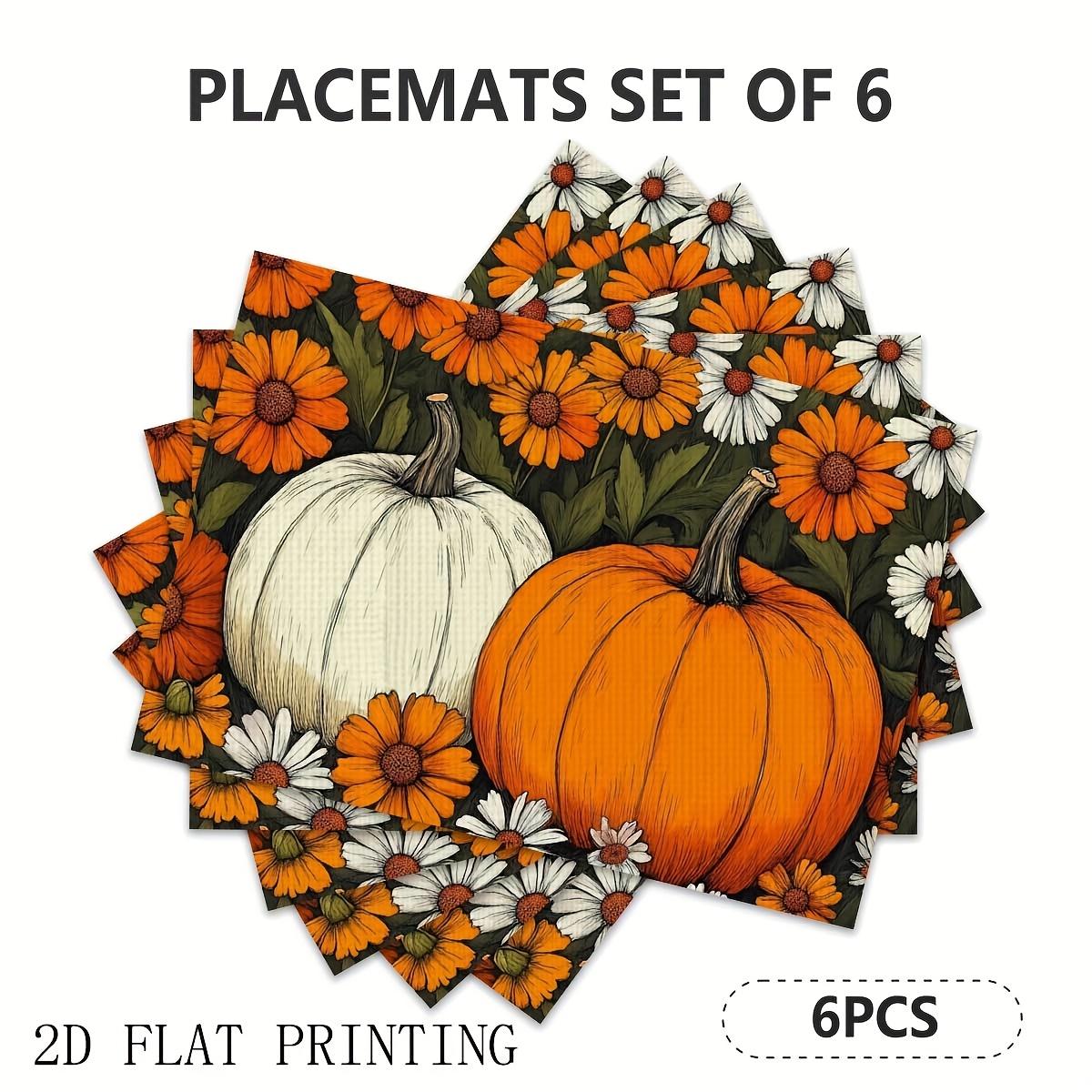 4pcs/6pcs, Pumpkin Floral Pattern Printed Placemats, Fall Style Kitchen Placemats, Linen Washable, Seasonal Indoor and Outdoor 30x45cm-6PC