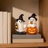 Indoor Decorative Light Lighted Halloween Ghost Figurine, Spooky Resin Witch on Pumpkin/Holding Lantern Desktop Ornament Statue with LED for Bookshelf