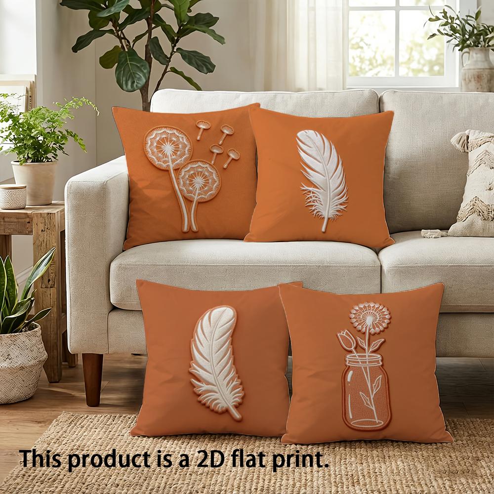 1/4pcs Orange Cushion Covers with Floral & Feather Prints Sofa bed cushion cover home bedroom decoration, 2D flat printing