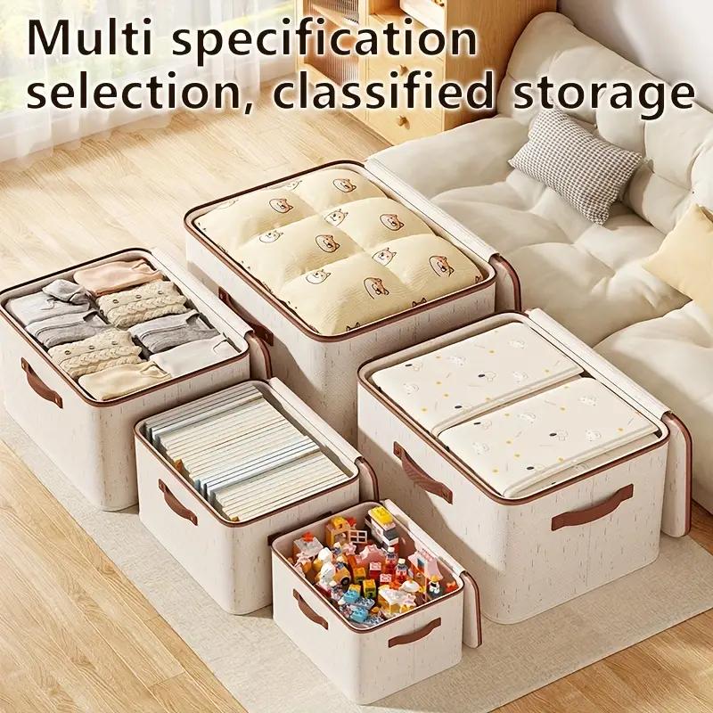 56L Large Capacity Linen Storage Box Double Zipper and Leather Handles Foldable Under-Bed Organizer with Lid for Clothes Storage Organizer