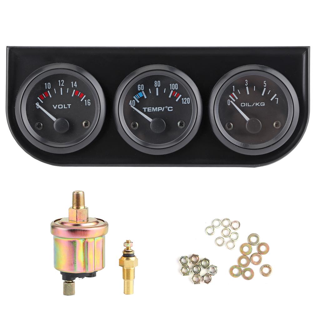 1 8in NPT 52mm 2in 3‑In‑1 Car Meter 8‑16V Voltmeter 40‑120 celsius  Water Temp Meter 0‑7kg Oil Pressure Gauge Kit