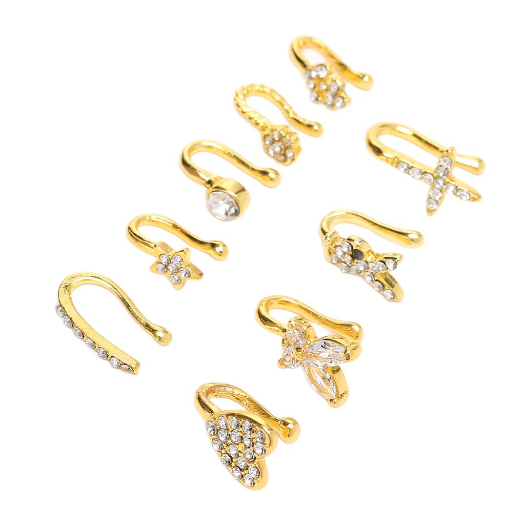 9 Pcs Fake Nose Rings Shiny Fashionable No Piercing Nose Clip Kit Faux Nose Rings for Women Gold