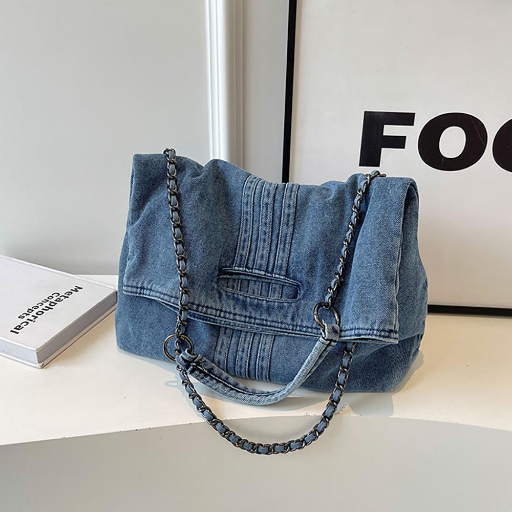 Retro Style Denim Chain Shoulder Bag, Dual-purpose Commuting Crossbody Bag for Women, Large Capacity Fashionable Tote Bag.zwq