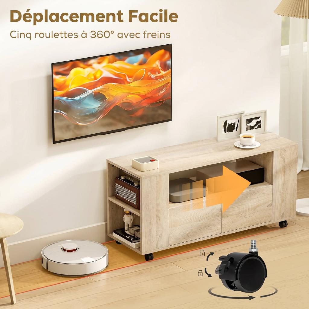 Rolling TV Stand 102 Cm TV Cabinet For TVs Up To 42 Inches 2 Drawers Open Compartments Natural
