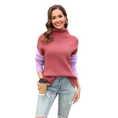 Women's Autumn and Winter Patchwork Knit High Neck Pullover Sweater