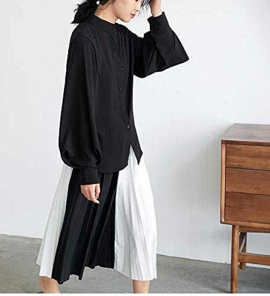 Lopuks Volume Sleeve Shirt Long Women's Blouse, Sleeve, Figure-Flattering (Black, L)