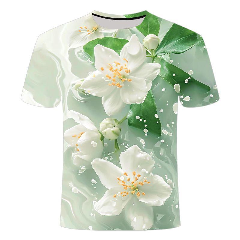 2024 Summer Creative 3D Printed Various Water Flower Series, Niche Fashion Men's and Women's Round Neck T-shirt