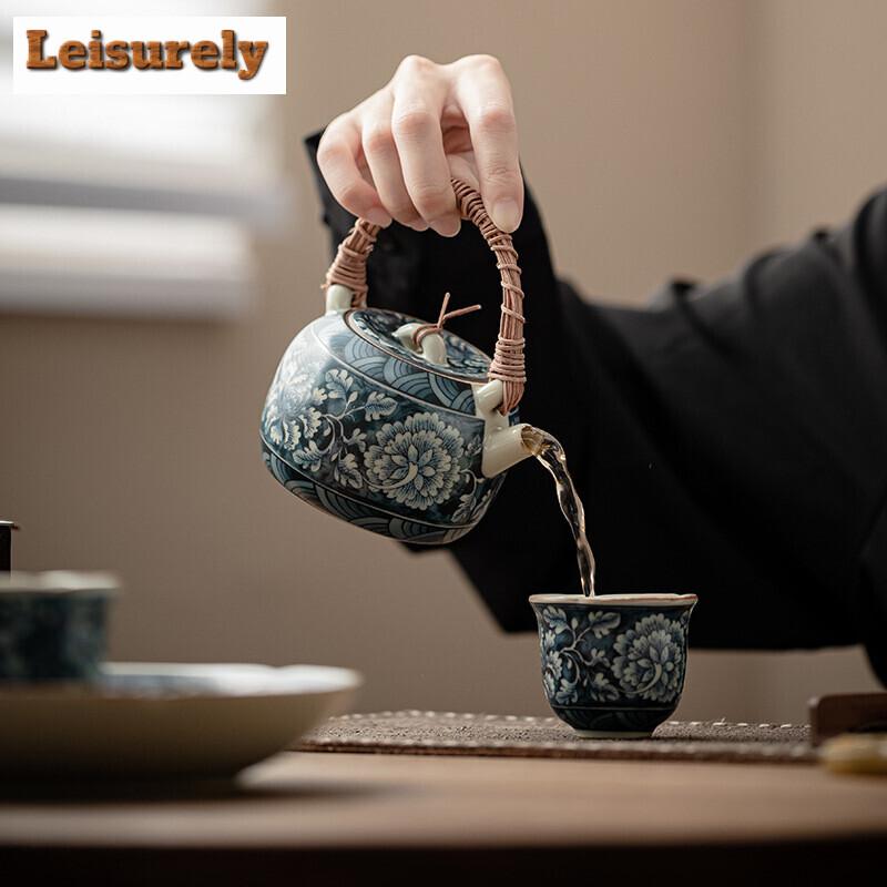 210ML Chinese Ru Kiln Vine Woven Beam Teapot Retro Blooming Flower Pot Handmade Tea Soaking Kettle Teaware Accessories Gift