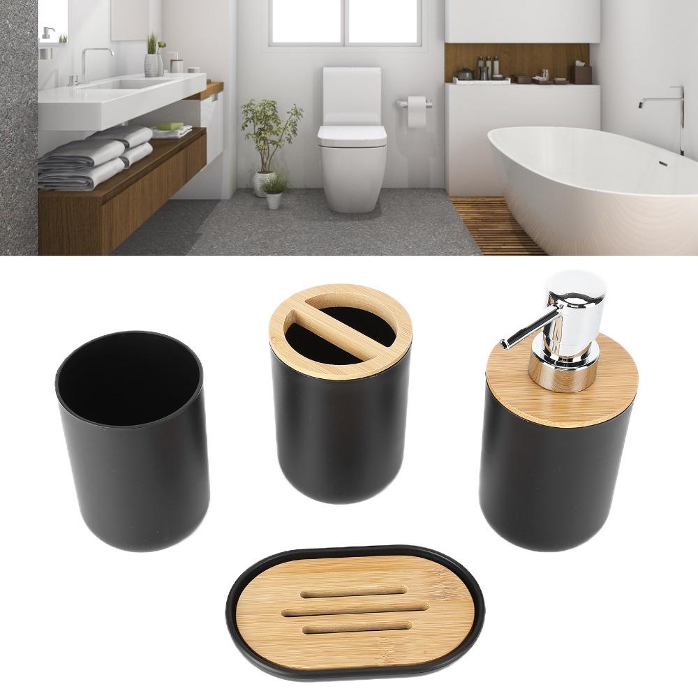 4-teiliges Badezimmer-Accessoire-Set Kunststoff Bambus Badezimmer-Organizer-Set Badezimmer-Zubehör-Set Familie