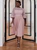 Elegant Women Formal Evening Party Dresses Pink Lace Hollow Out A-Line Pleated Gowns Slim Half Lantern Sleeve Celebration Events