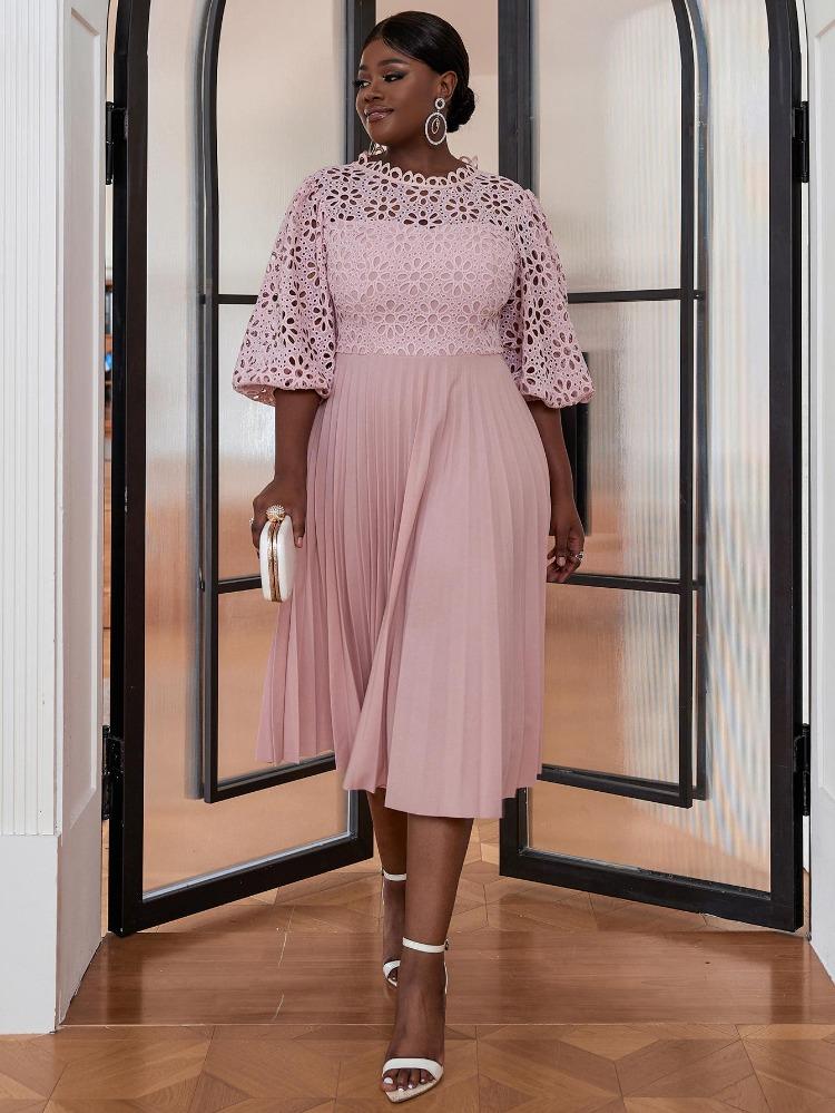 Elegant Women Formal Evening Party Dresses Pink Lace Hollow Out A-Line Pleated Gowns Slim Half Lantern Sleeve Celebration Events