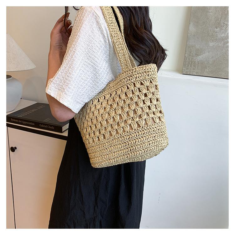 Large Capacity Straw Woven Tote Bag New Straw Bag Handmade Hollow Woven Bag Shoulder Fashion Tote Bag Vacation Beach Bag Women