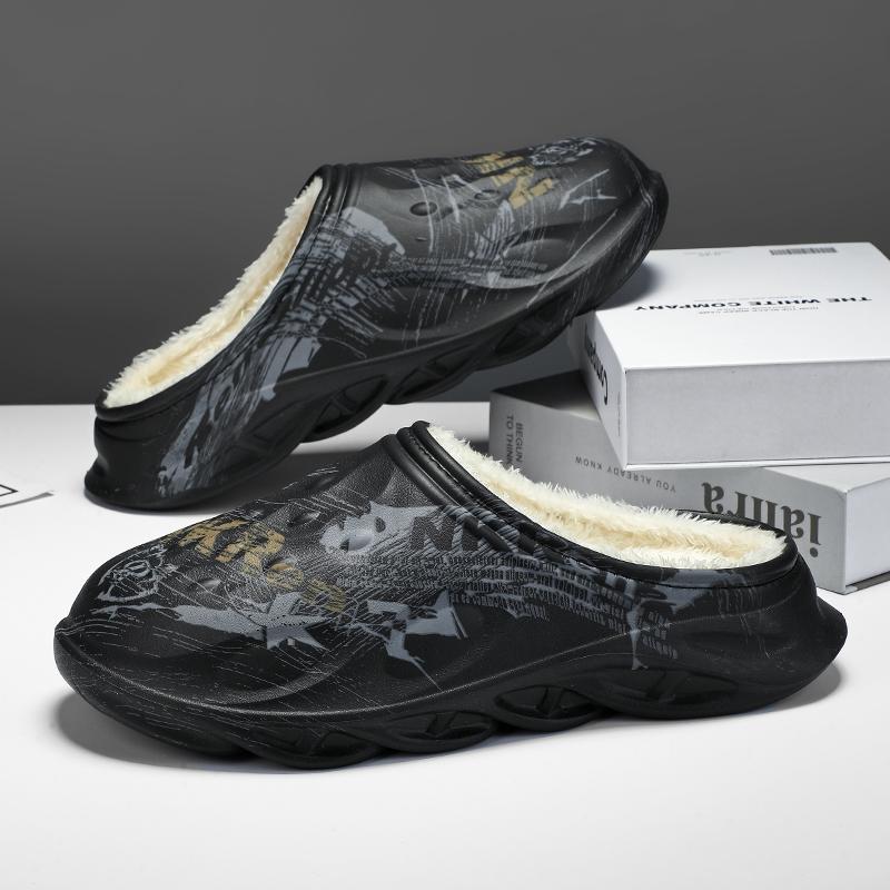 Fashion Slippers Men Winter House Shoes Round Toe Flat Slip-on Fashion Comfortable Elastic Waterproof Non-slip Plus Velvet Keep Warm