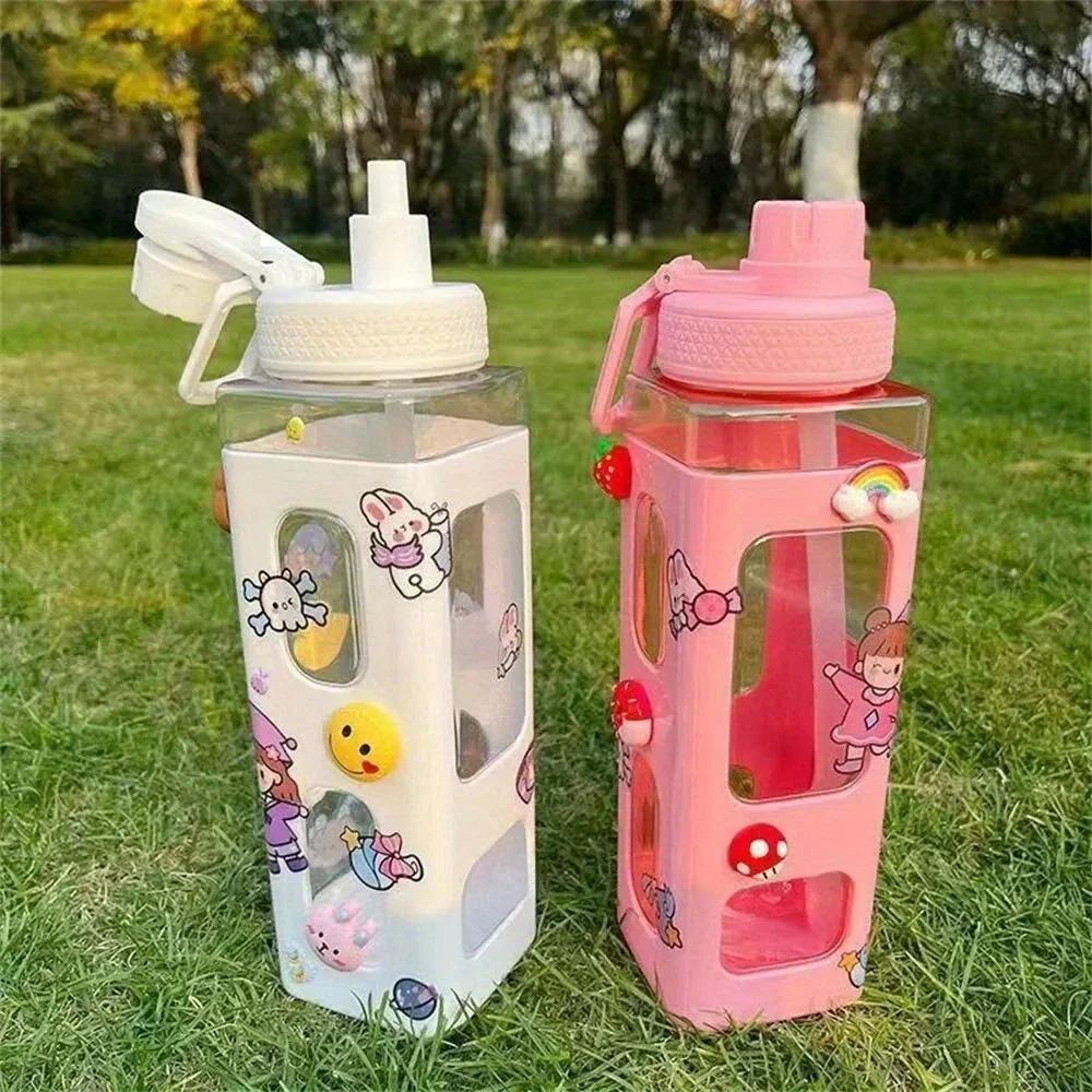 1pc Kawaii Water Bottle with Straw and DIY 3D Cute Stickers BPA-Free Plastic Square Water Cup Portable Drinkware for Camping 12