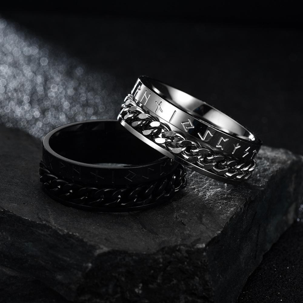 Fashion 8mm Stainless Steel Chain Spinner Fidget Rings for Women Men Vintage Norse Viking Runes Rings Retro Amulet Jewelry Gifts