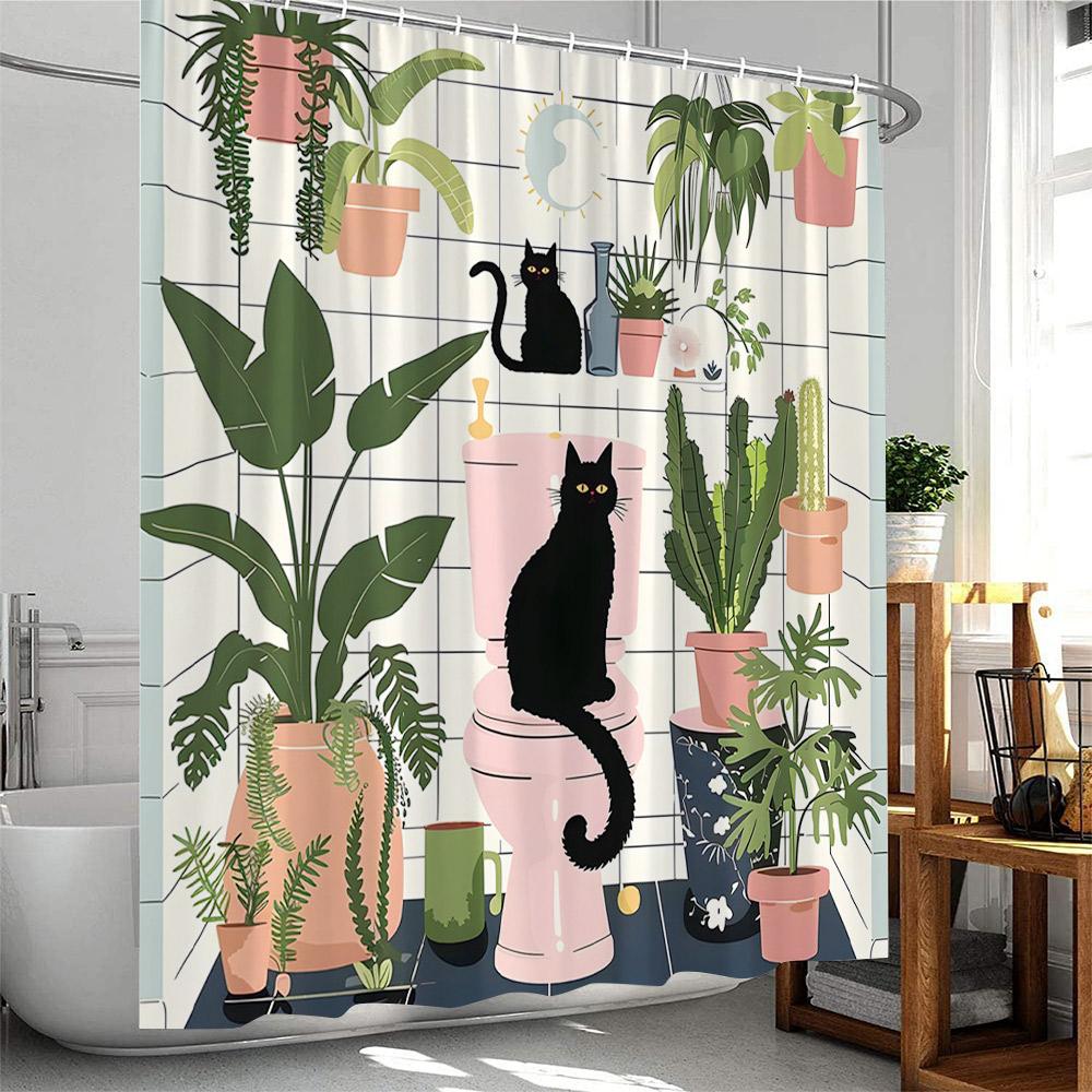 Plant Shower Curtain Cats Green Potted Plants Leaves Cat on the Toilet Modern Bathroom Decor Polyester Fabric Bathtub Curtain