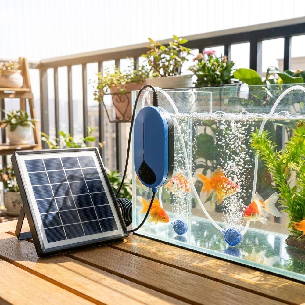 Portable Solar Powered Oxygen Pump with Air Hose Bubble Stone Two Modes Fishing Oxygen Pump Energy Saving Fish Tank Pump