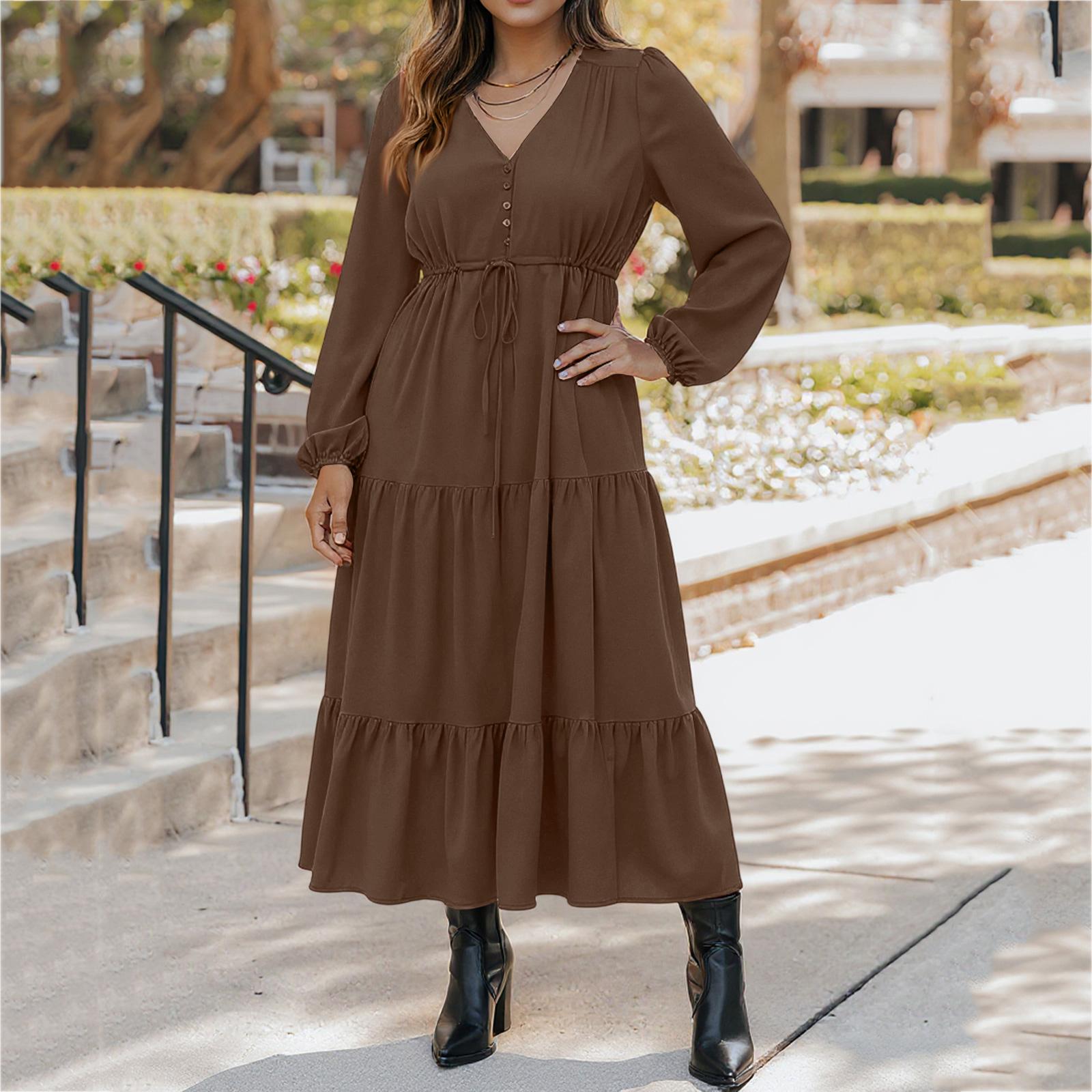 

Women s Fashionable Casual Long-sleeved Tie Loose Maxi Dress L кавовий