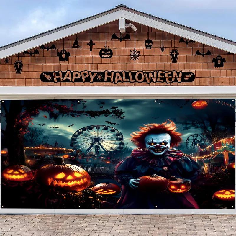 Halloween Garage Door Cover 180x400cm 100D Polyester Custom Halloween Pumpkin Lantern Forest Halloween Background