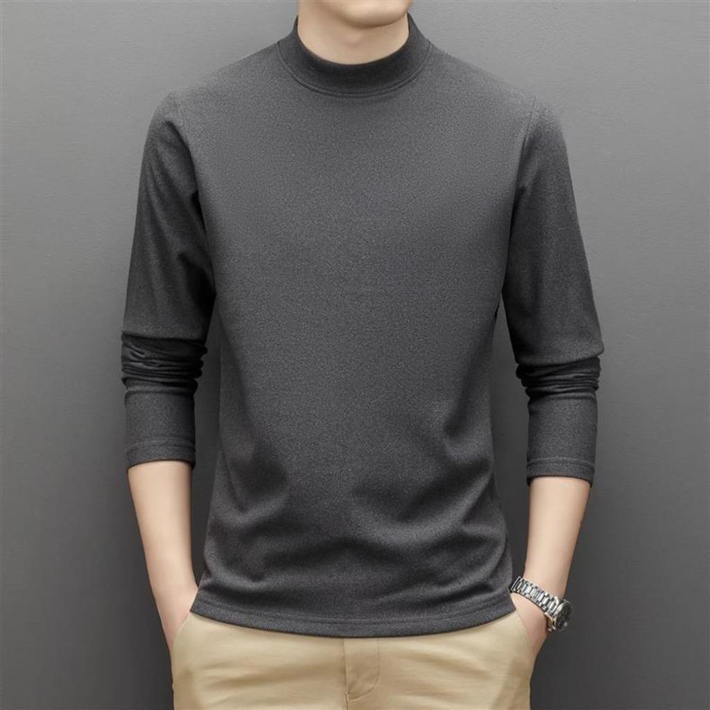 Pánské plyšové a silné teplé dlouhý rukáv T, tričko zimní poloviční, vysoký límec základní košile