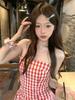 Holiday style plaid splicing lace tube top dress women's 2026 spring new retro French waist long dress