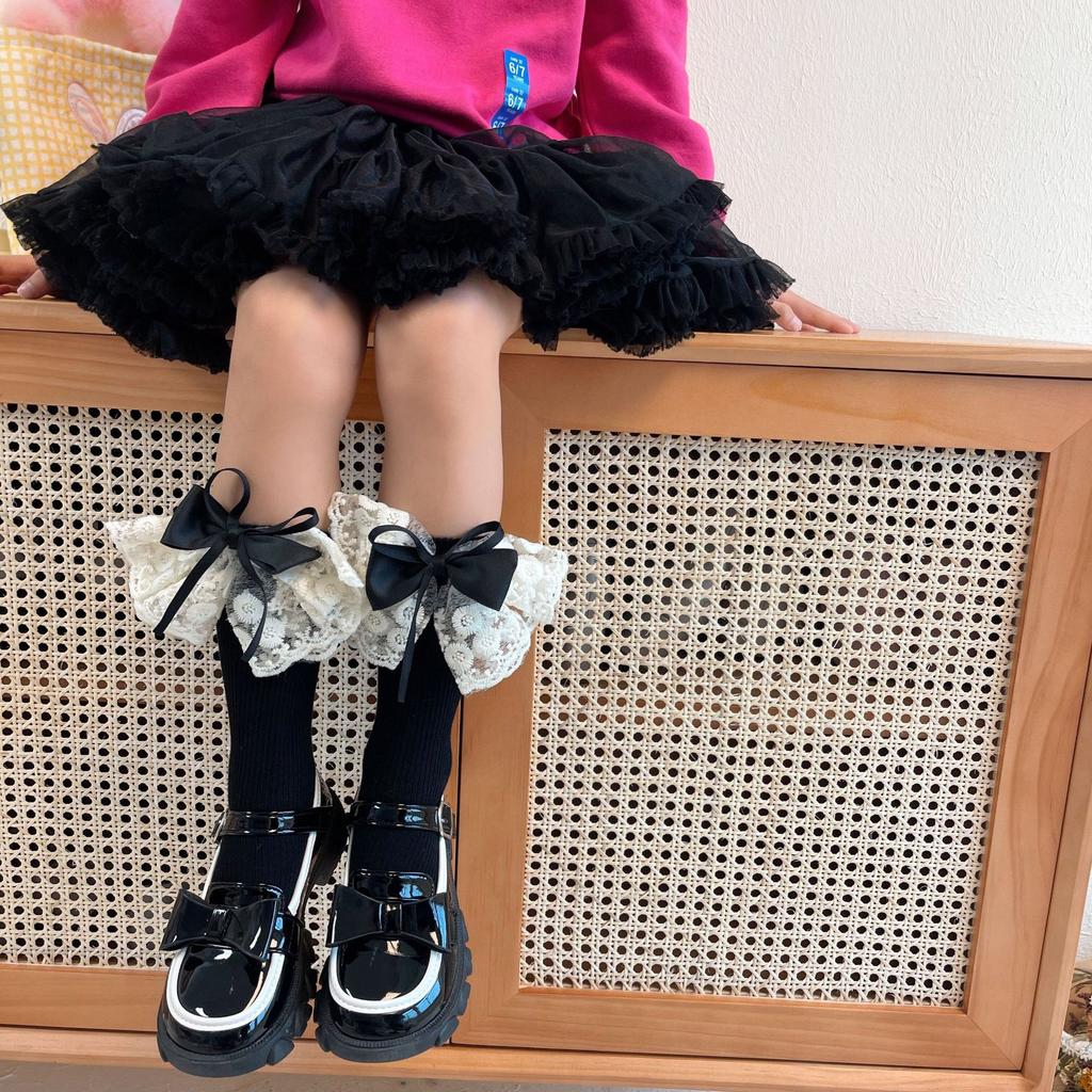 Children's Socks Summer Lolita Wooden Ear Mesh Ribbon Large Bow Mid-tube Socks for Girls