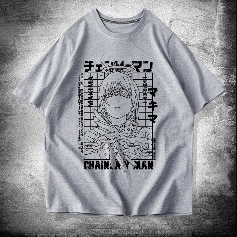 Japanese anime chainsaw man Makima pure cotton short-sleeved men's T-shirt Summer trend brand loose off-the-shoulder half-sleeve