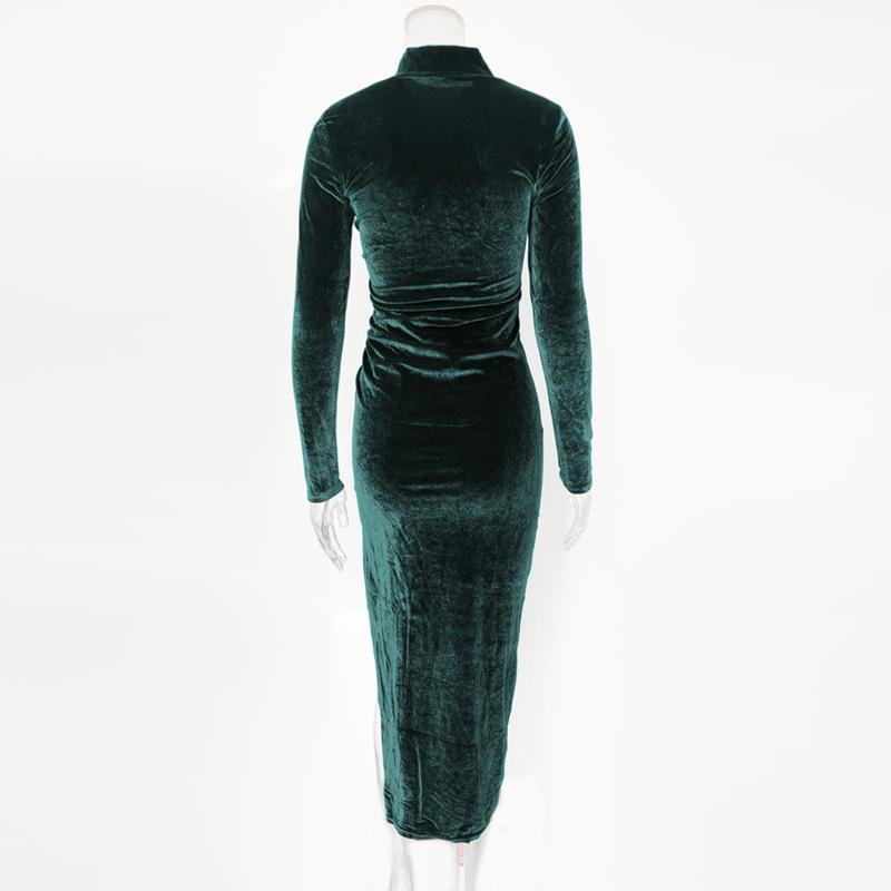 2025 frühling Herbst Frauen Einfarbig Samt Langarm Geraffte Midi Kleid Seite Schlitzte Bodycon Sexy Streetwear Party Elegante Club Kleider
