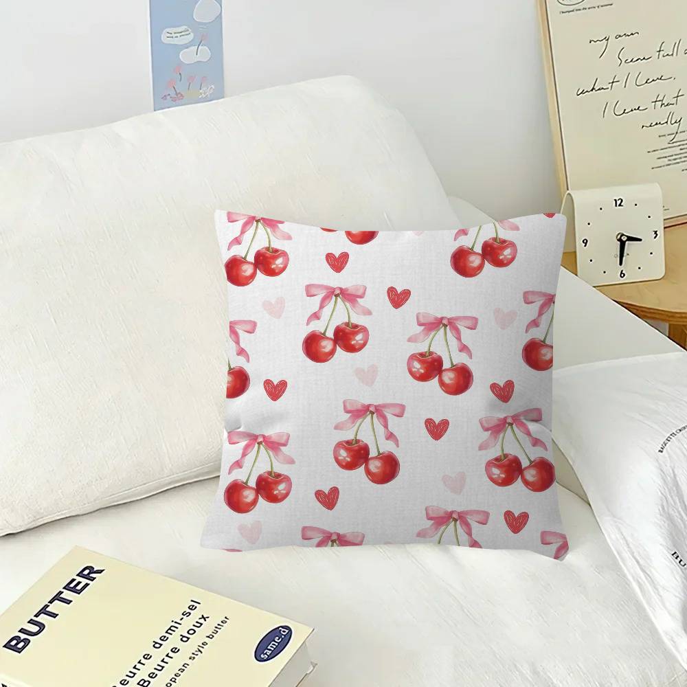Art Pink Bow Cherry Lovely Kawaii  Cushion Cover  Polyester Sofa Cushions Decorative Throw Pillows Home Decoration Pillowcover