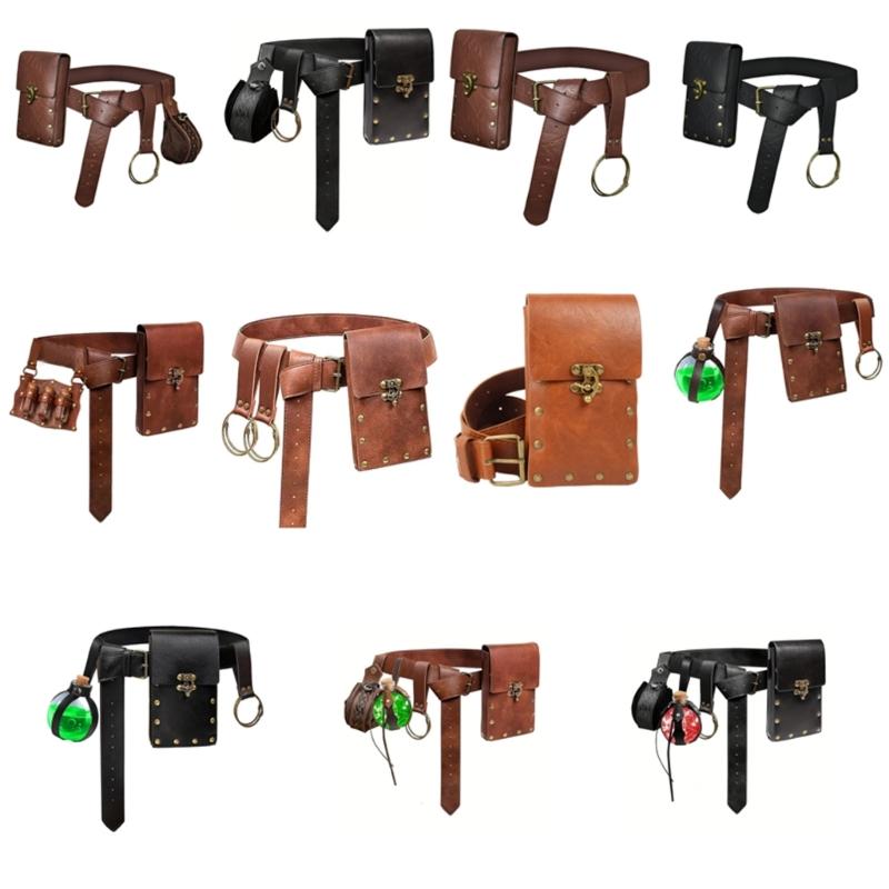 Men's Renaissance Costume Vikinges Costume Accessories Set Medieval Pirate Leather Belt Waist Bag Halloween Costumes