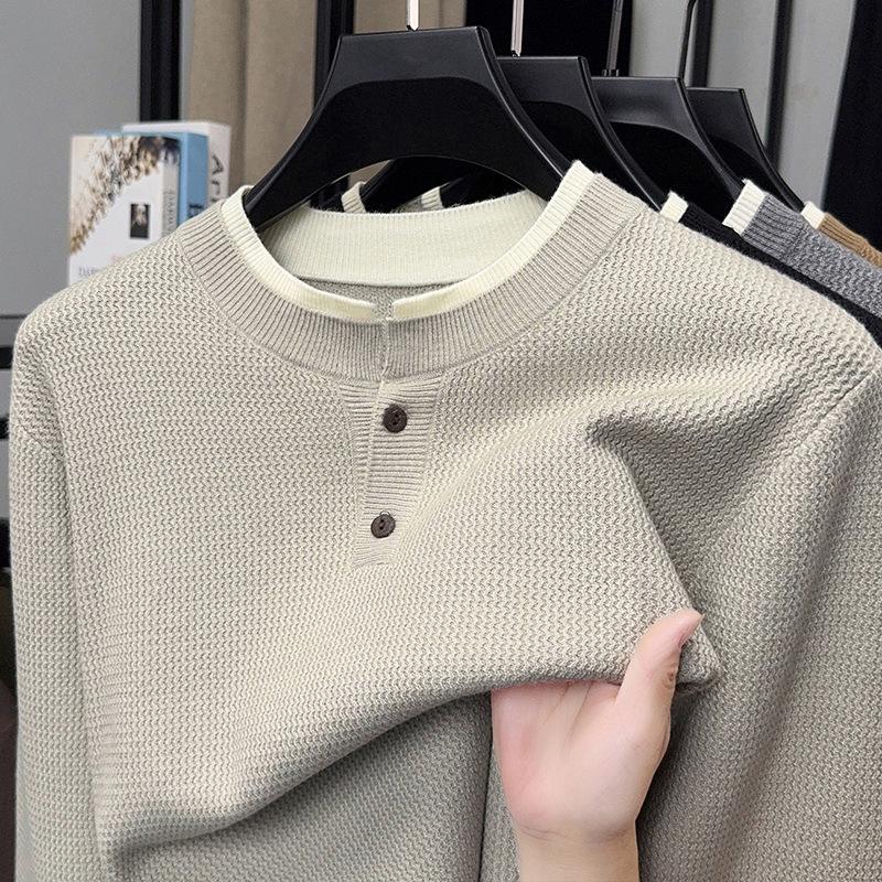 Men Fake Two Pieces Round Neck Long Sleeve Knitted Casual Pullover Sweater Top
