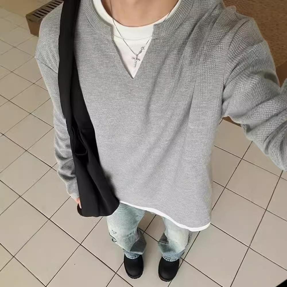 

Мужской свитер с V-образным вырезом, имитация двойки, осенне-зимний, американский ретро, длинные рукава XXXL светло-серый