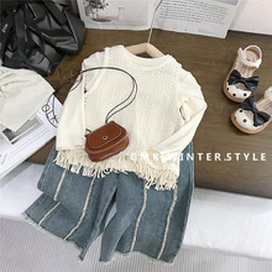 Kids' Korean Mohair Bubble Sleeve Knitted Cardigan & Floral Stand Collar Dress